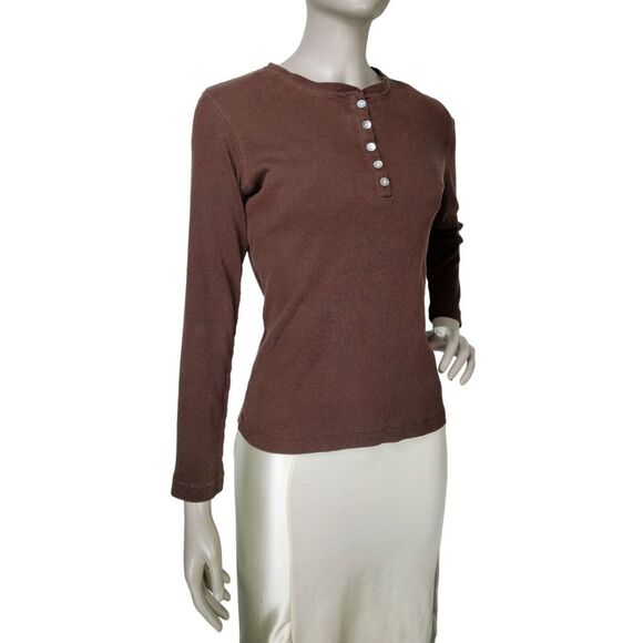Vintage 90s Y2K Bit & Bridle Java Brown Ribbed Henley Shirt Women's Size Small - Picture 1 of 8
